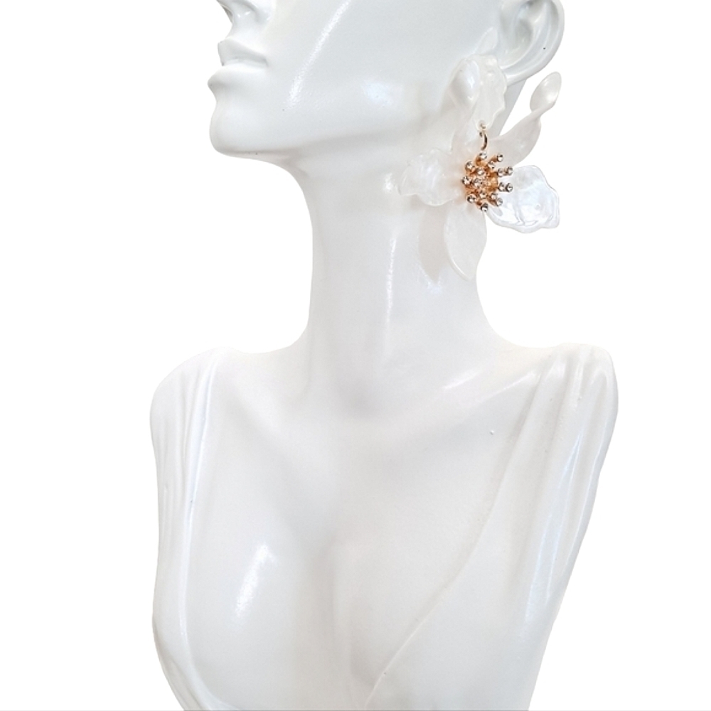 Gold White Flower Statement Earrings Oversized Rhinestone Bridal Formal Wedding - Picture 11 of 17